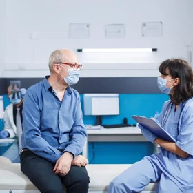 An elderly patient talking with a nurse