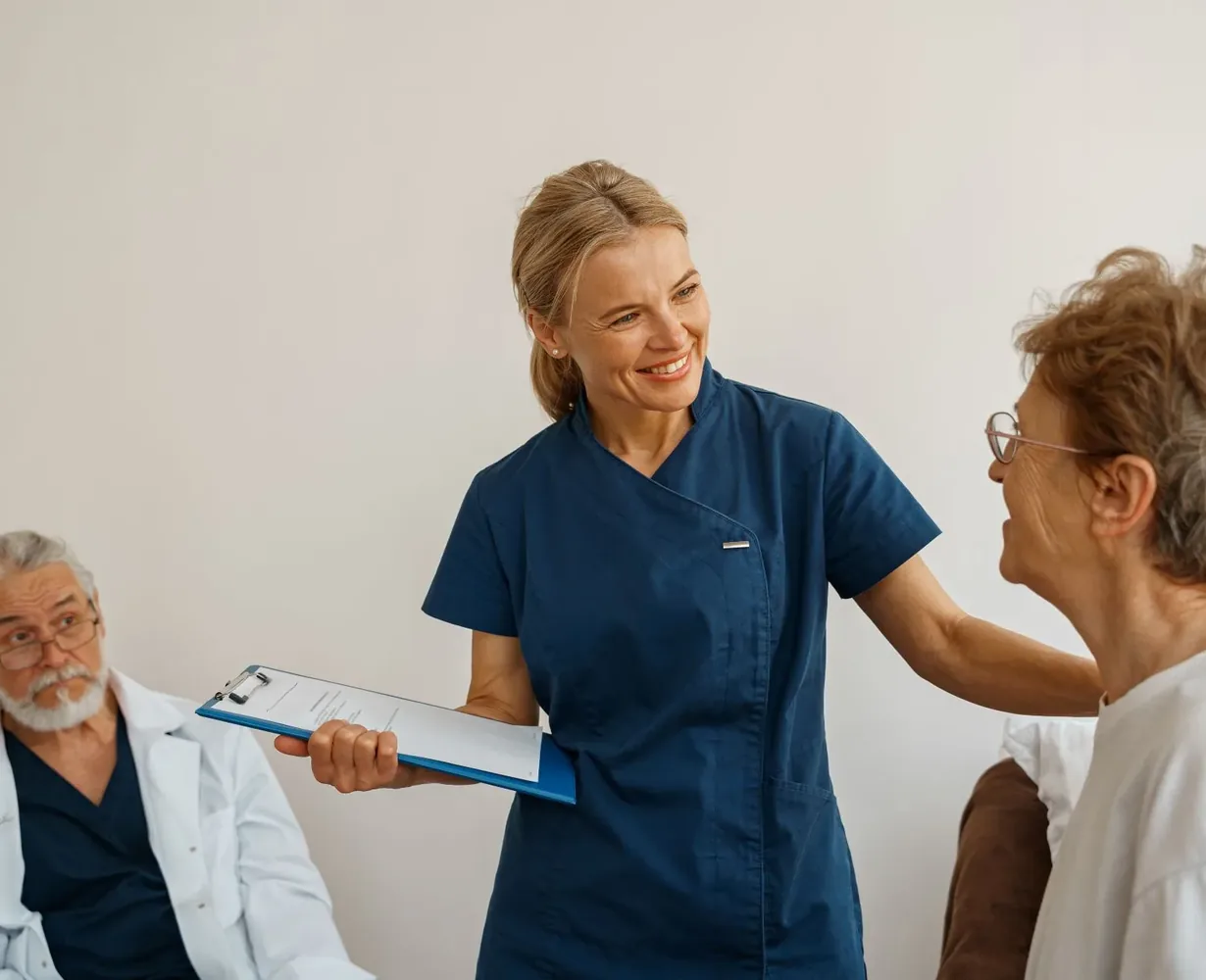 A nurse greeting a patient in the waiting room